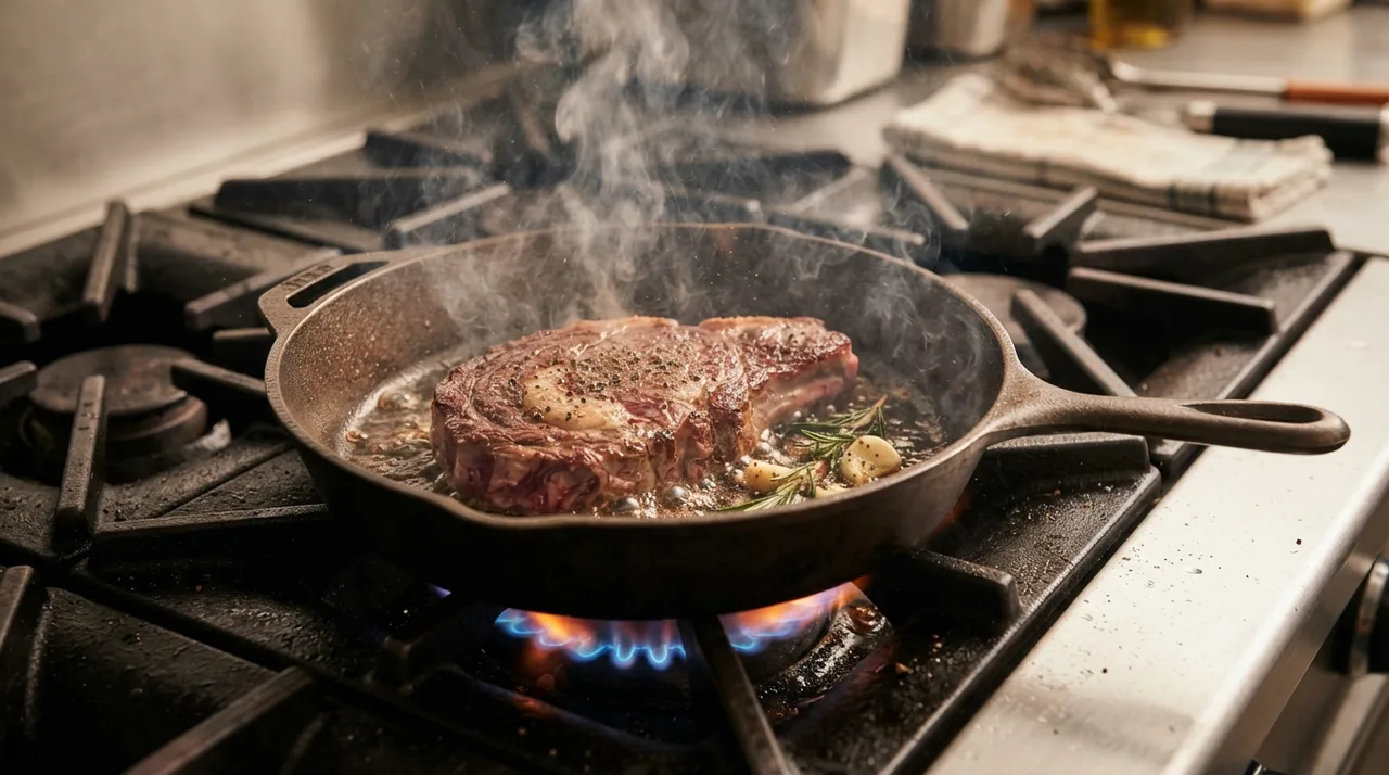 Frigideira de ferro fundido sendo usada em fogo alto para selar carne