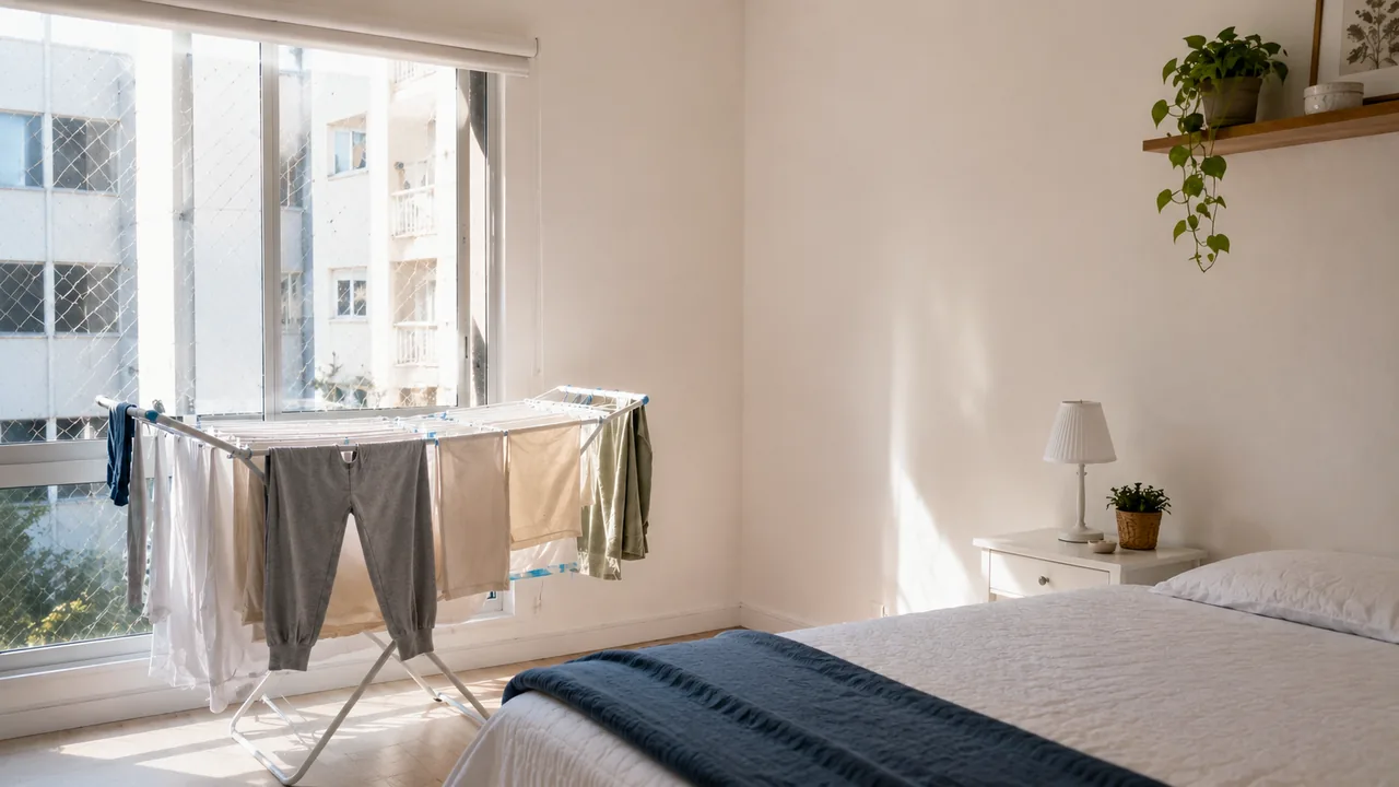 Varal de chão cheio de roupa ao lado da janela ensolarada de um quarto de apartamento
