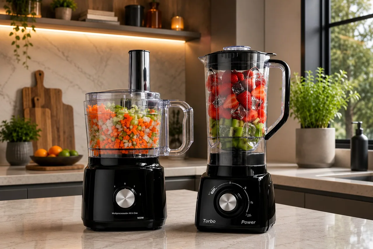 Liquidificador e processador de alimentos lado a lado na bancada da cozinha