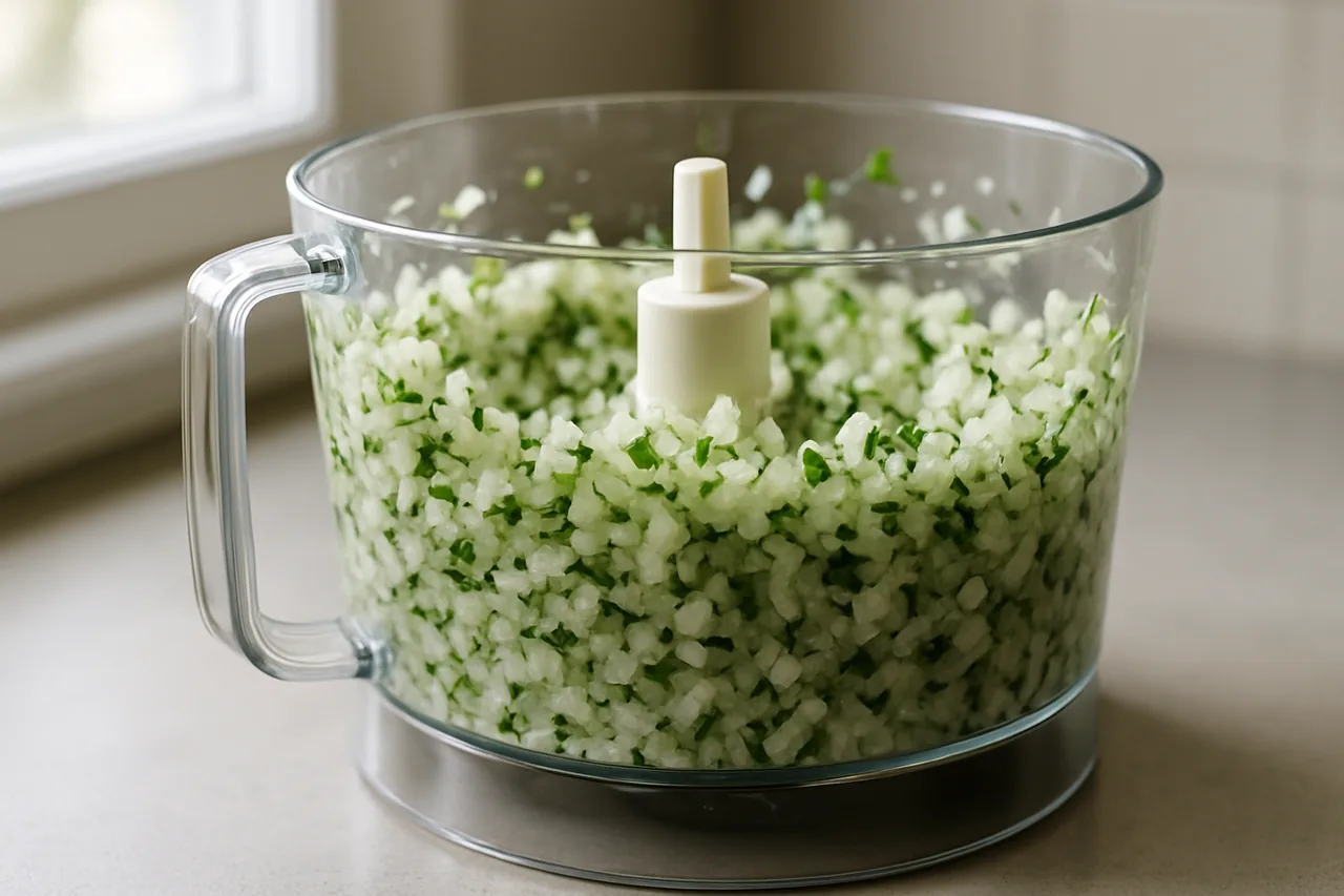 Processador de alimentos picando legumes para o almoço do dia a dia