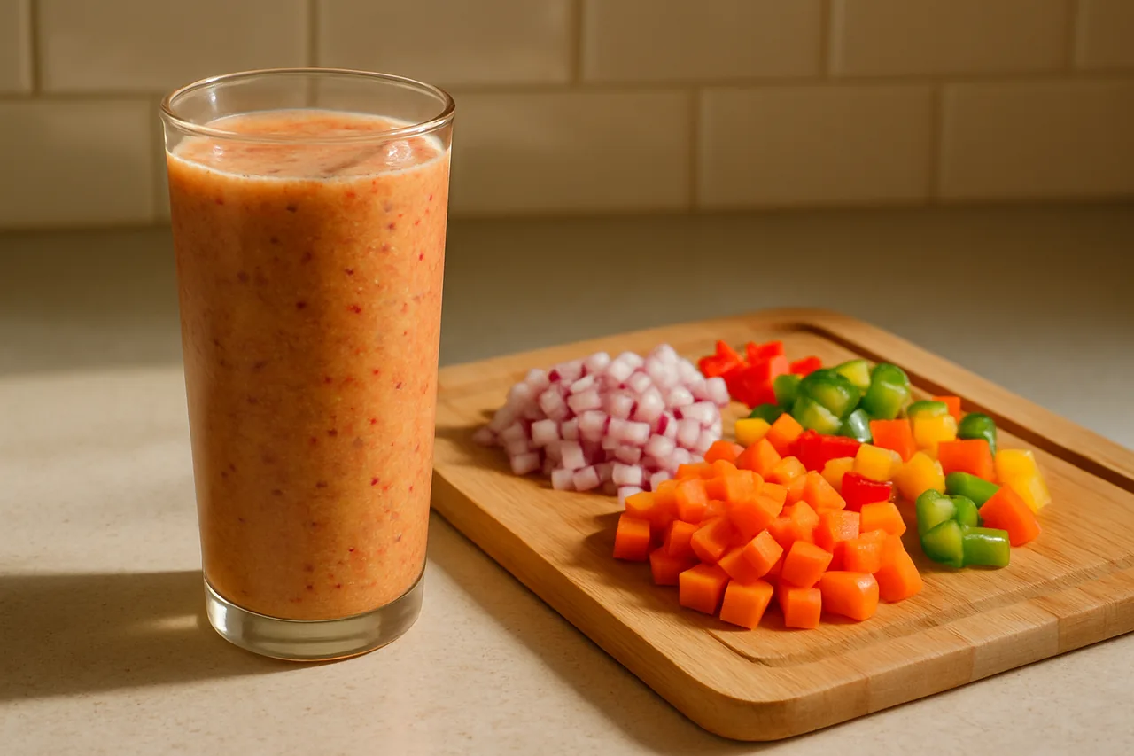 Vitamina de frutas no liquidificador e legumes picados no processador de alimentos