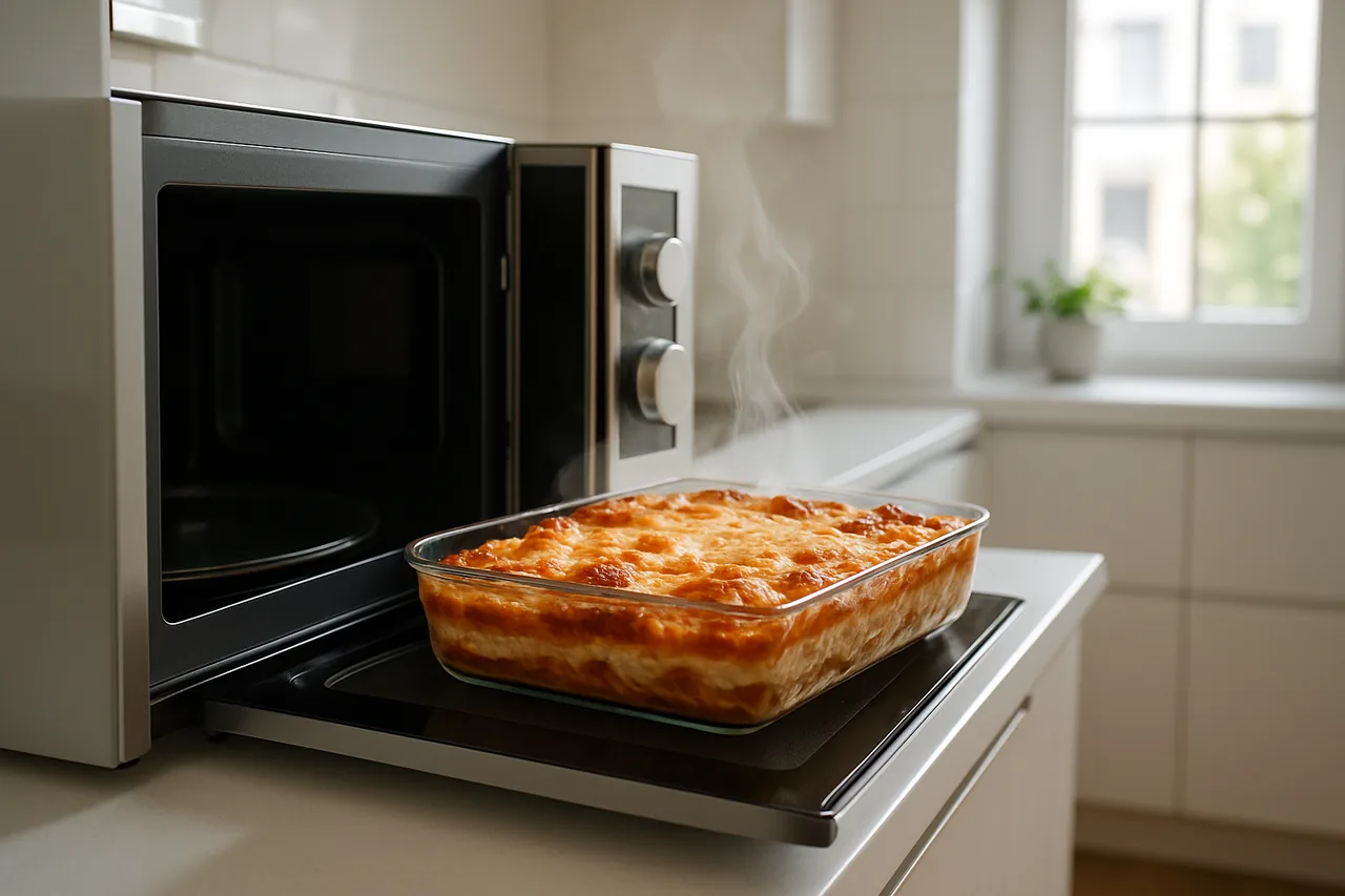 Lasanha gratinada saindo de microondas com grill em cozinha de apartamento