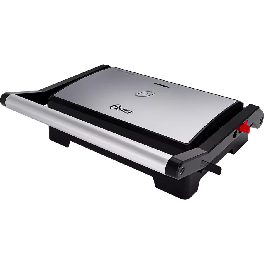 Mini grill elétrico Oster inox 2 em 1 com chapas lisa e ondulada