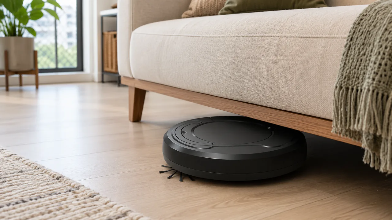 Robô aspirador barato passando embaixo de um sofá baixo, mostrando o perfil fino de 7,5cm